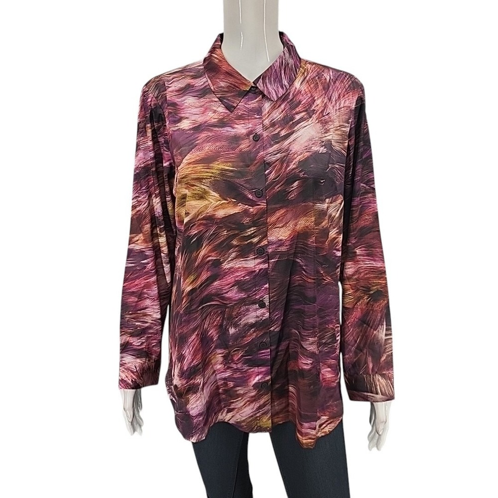 Susan Graver Printed Stretch Charmeuse Shirt Petite Small Multicolor A463144